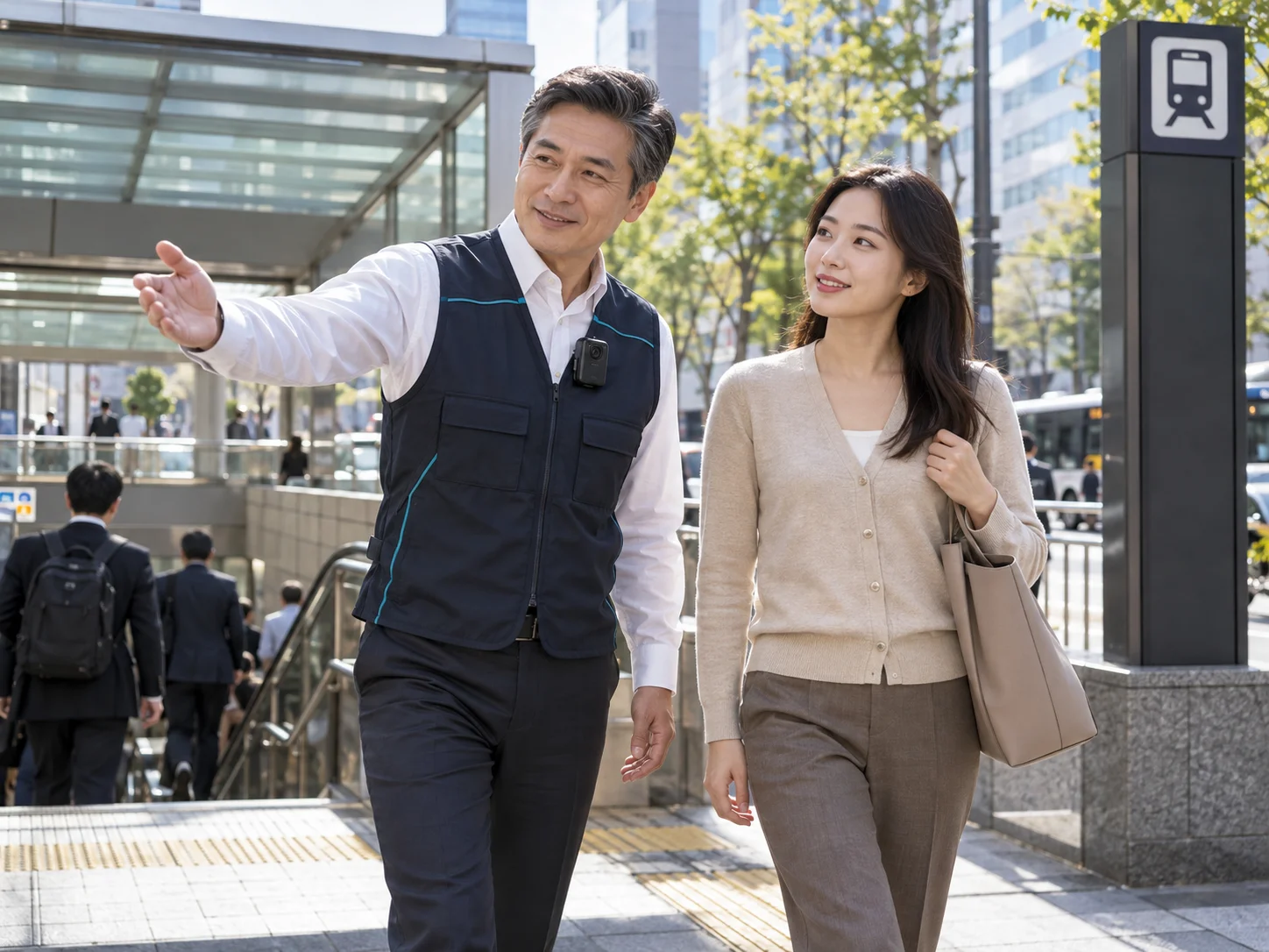 남색 조끼와 바디캠을 착용한 50대 남성 요원이 일상복 차림의 성인 여성 고객과 아침 출근길을 함께 걷는 모습