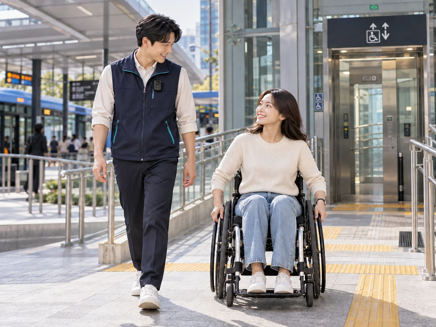 휠체어를 사용하는 성인 고객 옆에서 접근 가능한 광장 길을 함께 이동하는 남성 동행요원