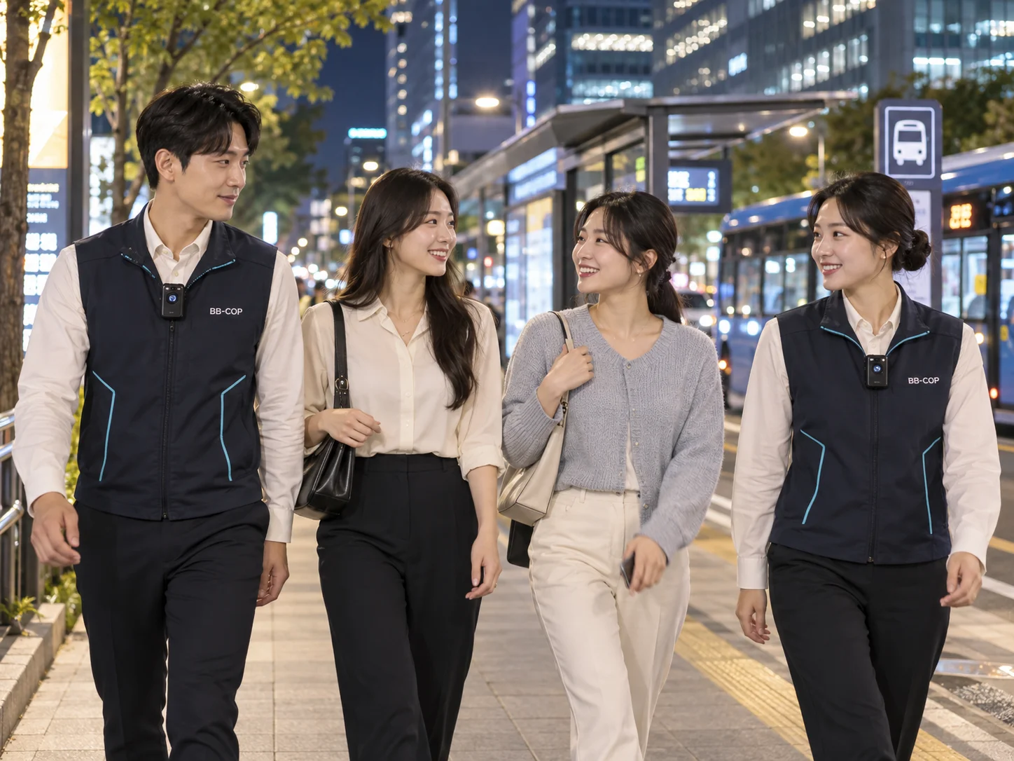 불이 켜진 저녁 직장가에서 퇴근하는 성인 고객과 함께 걷는 남성 동행요원