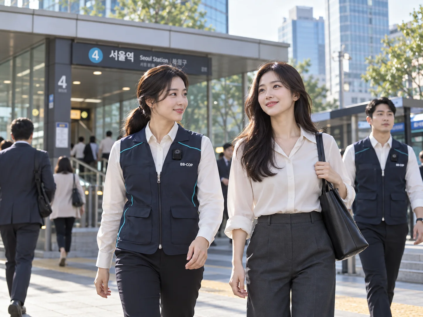 아침 지하철역 입구에서 직장인과 함께 걷는 여성 동행요원
