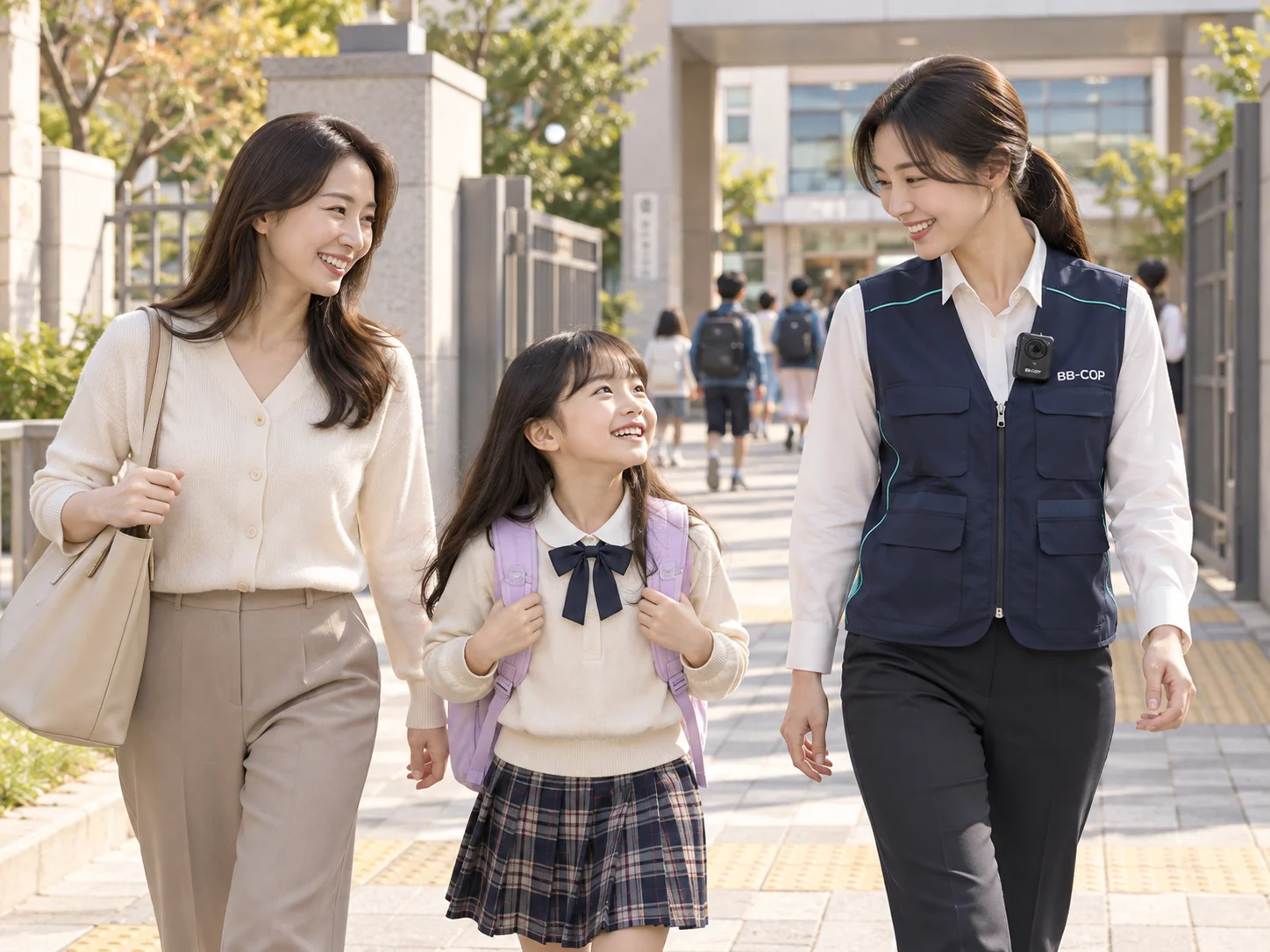 학교 앞에서 보호자와 학생 곁을 함께 걷는 남색 조끼 차림의 여성 동행요원
