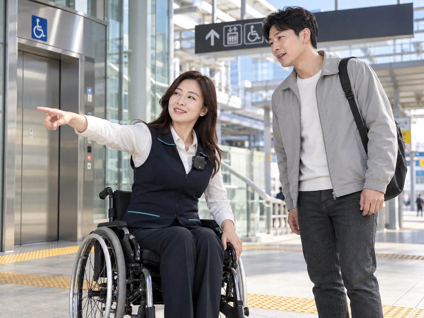남색 조끼와 바디캠을 착용한 여성 휠체어 요원이 일상복 차림의 남성 고객에게 역의 엘리베이터 경로를 안내하는 모습